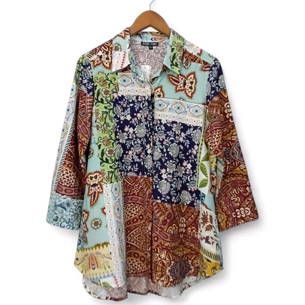 Boho Chic NWT Sz. M Multi Color Patchwork 3/4 Sleeve Button Up Blouse